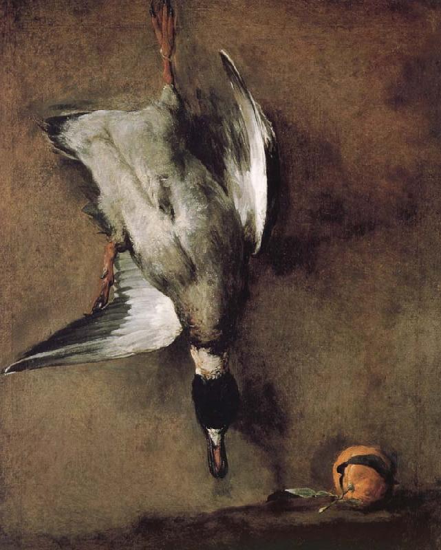 Jean Baptiste Simeon Chardin Wild ducks hanging on the wall, and the Orange oil painting picture